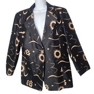 VTG Paolo Santini Silk Blazer Women 14 Black Celestial Sun Moon Star Whimsigoth